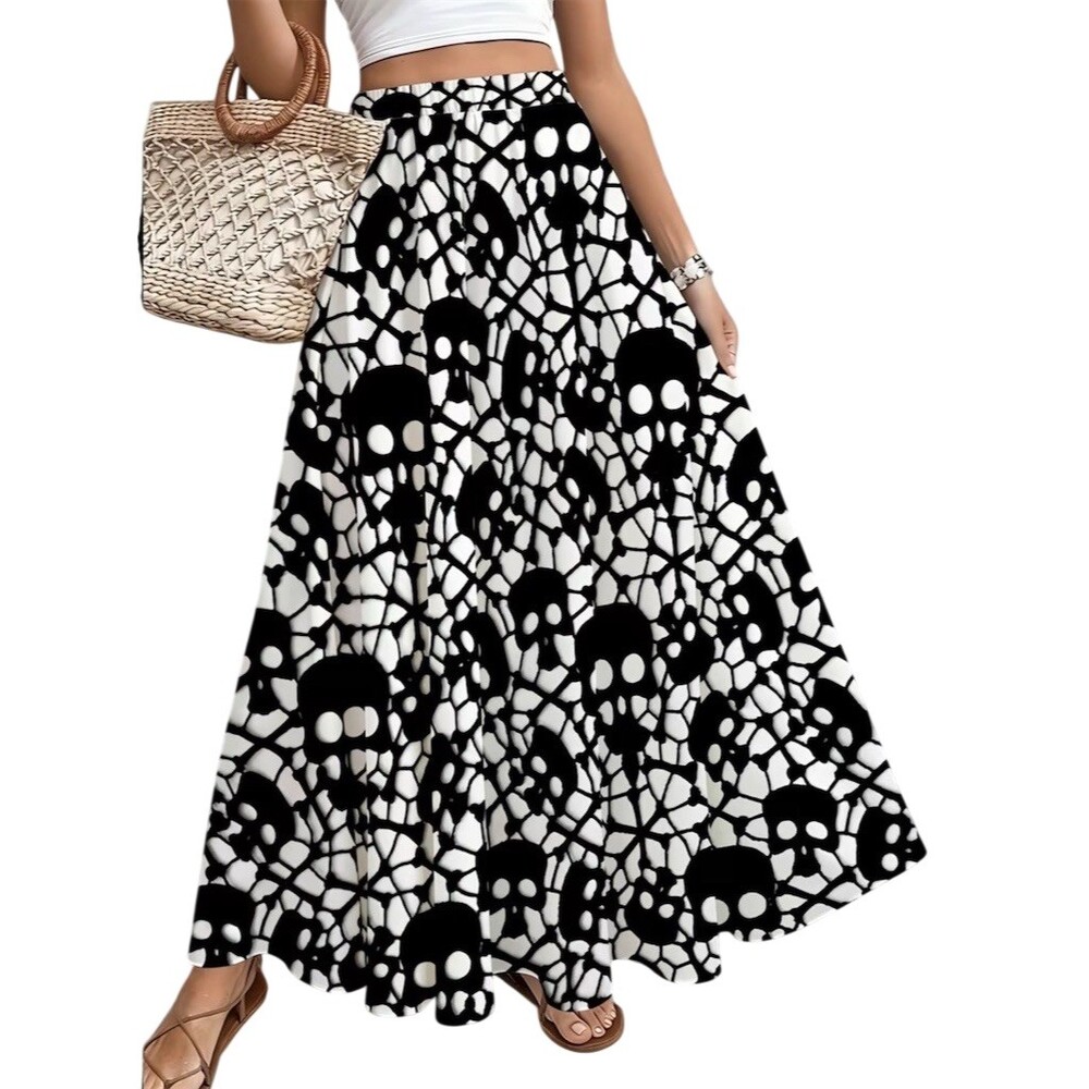 Gothic Skull Maxi Skirt L Black Spiderweb High Waist Halloween Festive Fall